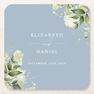 Porta-copo De Papel Quadrado Floral Greenery Elegante Dusty Blue Wedding