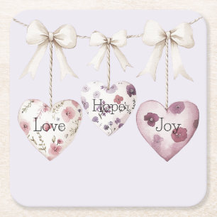 Porta-copo De Papel Quadrado Floral Inspirador Amor Esperança Alegria Corações