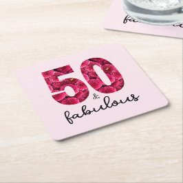 Porta-copo De Papel Quadrado Floral rosa 50 e Fabuloso 50º aniversário