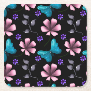 Porta-copo De Papel Quadrado Floral Rosa Caprichoso e Borboleta Azul Sem Costur