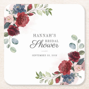 Porta-copo De Papel Quadrado Floral Watercolor Burgundy Chá de panela Blush