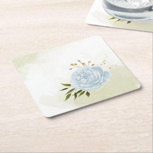 Porta-copo De Papel Quadrado Flores azuis boho folhas verdes botânicas