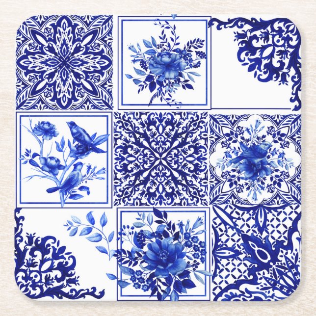 Porta-copo De Papel Quadrado Flores azuis, china azul, porcelana, pássaros (Frente)
