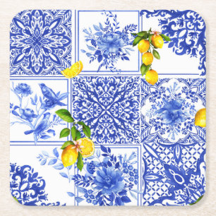 Porta-copo De Papel Quadrado Flores azuis, china azul, porcelana, pássaros