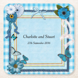 Porta-copo De Papel Quadrado Flores Azuis e Borboletas