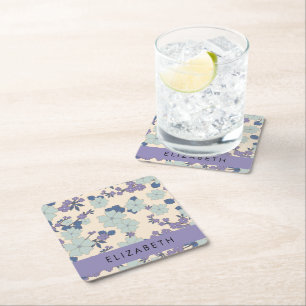 Porta-copo De Papel Quadrado Flores Azuis, Flores Roxas, Floral, Seu Nome