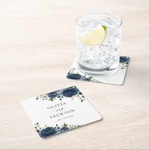 Porta-copo De Papel Quadrado Flores Azuis marinhos, Verde, Boho, Casamento Flor