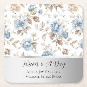 Porta-copo De Papel Quadrado Flores Azuis Românticas Folhas Castanhas Casamento