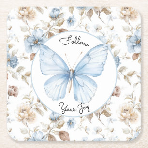 Porta-copo De Papel Quadrado Flores Azuis Românticas Folhas Marrons Borboleta
