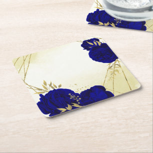 Porta-copo De Papel Quadrado Flores azul royal folhas de ouro casamento