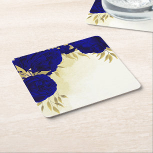 Porta-copo De Papel Quadrado Flores azul royal folhas de ouro casamento
