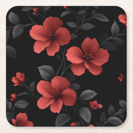 Porta-copo De Papel Quadrado Flores bonito de Verão Vermelho em Preto
