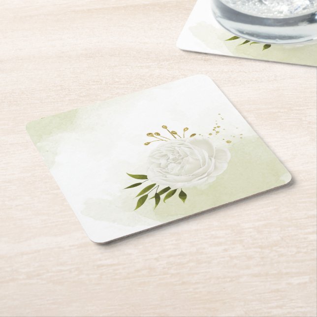 Porta-copo De Papel Quadrado Flores brancas boho folhas verdes botânicas (Inclinado)