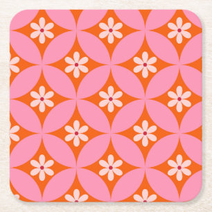 Porta-copo De Papel Quadrado Flores Brancas em Padrão de Círculos Rosa de Meado