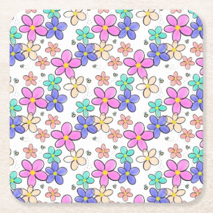 Porta-copo De Papel Quadrado flores coloridas arco-íris brilhantes abelhões flo