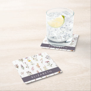 Porta-copo De Papel Quadrado Flores Coloridas, Flores Selvagens, Verde, Seu Nom