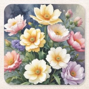 Porta-copo De Papel Quadrado Flores Coloridas Pintura Elegante aquarela