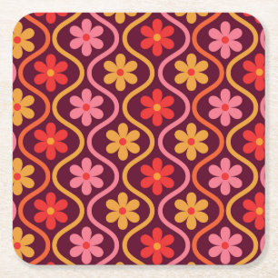 Porta-copo De Papel Quadrado Flores Coloridas Retroativas no Padrão de Ogee Vin