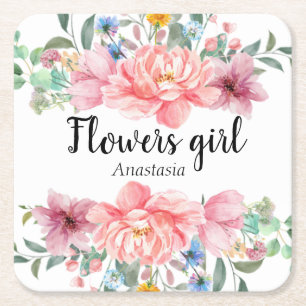 Porta-copo De Papel Quadrado Flores Cor de Água Moderna Rosa