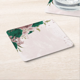 Porta-copo De Papel Quadrado flores cor-de-esmeralda rosa casamento