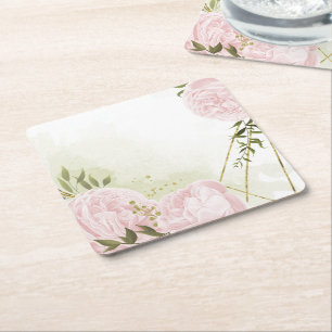Porta-copo De Papel Quadrado Flores cor-de-rosa-boho folhas verdes botânicas
