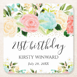 Porta-copo De Papel Quadrado Flores de Aniversário em Aquarela Rosa e Verde-Men