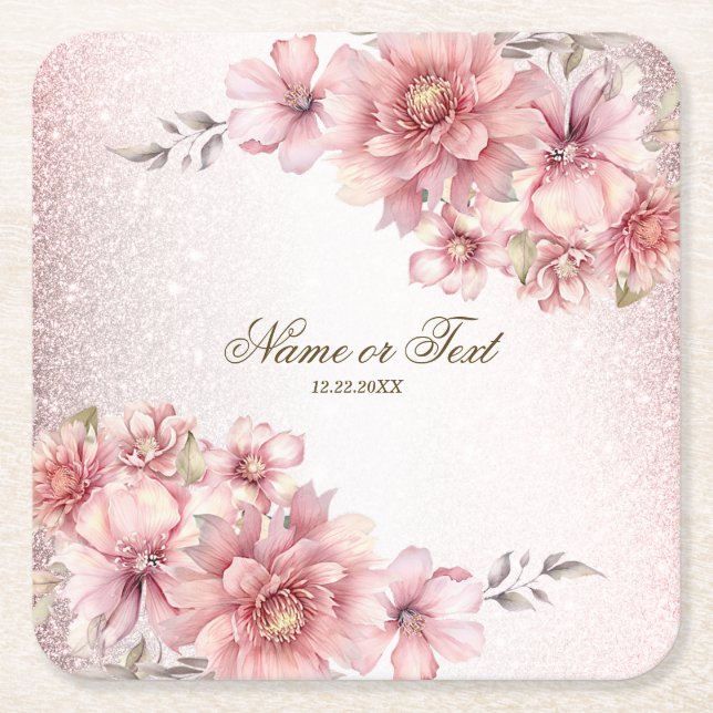 Porta-copo De Papel Quadrado Flores de Aquarela Rosa-Partidárias Brilhantes Mod (Frente)