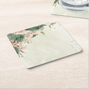 Porta-copo De Papel Quadrado flores de casamento em verde sálvia e blush