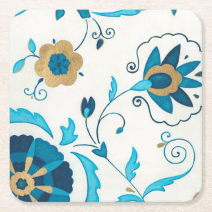 Porta-copo De Papel Quadrado Flores de Indigo Douradas com Fundo Branco