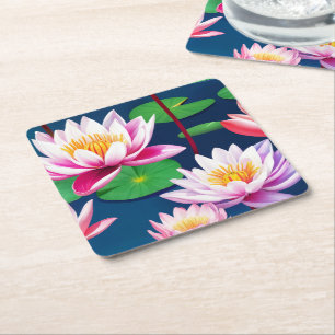 Porta-copo De Papel Quadrado Flores de Lótus Branco Rosa e Folhas Verdes