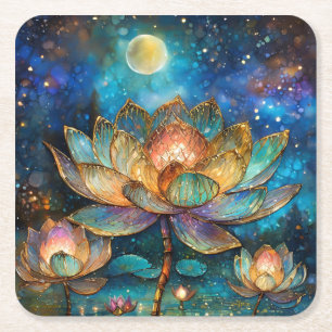Porta-copo De Papel Quadrado Flores de Lótus de Vidro Colorido ao Luar
