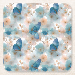 Porta-copo De Papel Quadrado Flores de Primavera Vintage & Borboleta Azul
