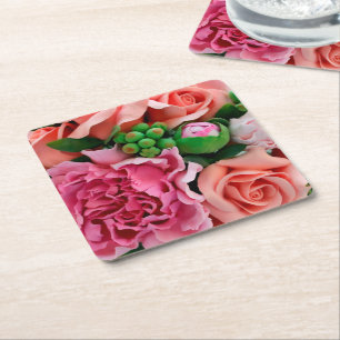 Porta-copo De Papel Quadrado Flores de Rosa de chá cor-de-coral e rosa