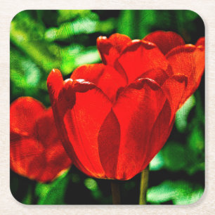 Porta-copo De Papel Quadrado Flores de tulipas vermelhas