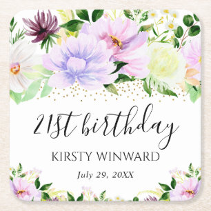 Porta-copo De Papel Quadrado Flores de Verão Roxas Aquarela Aniversário