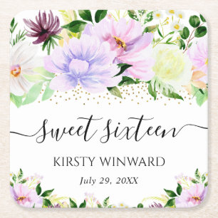 Porta-copo De Papel Quadrado Flores de Verão Roxas em Aquarela Sweet Sixteen