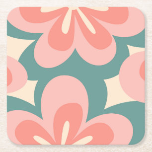 Porta-copo De Papel Quadrado Flores do tipo retrô cor-de-rosa e turquesa