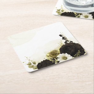 Porta-copo De Papel Quadrado Flores douradas marrom incríveis em marfim