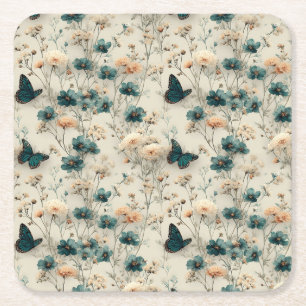 Porta-copo De Papel Quadrado Flores e Borboletas da Primavera Vintage