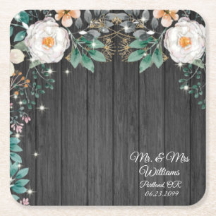 Porta-copo De Papel Quadrado Flores e Faíscas de Aquarela Russas de Madeira Vi
