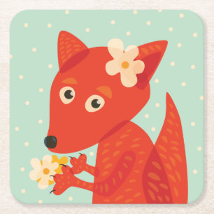 Porta-copo De Papel Quadrado Flores e Fox bonito