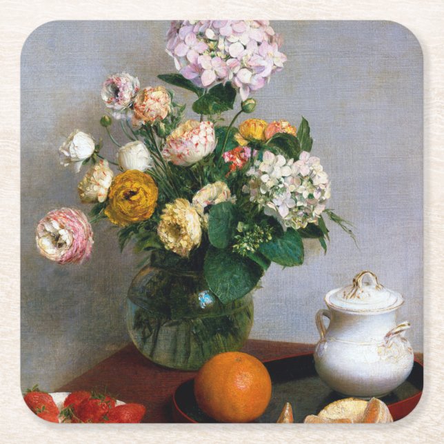 Porta-copo De Papel Quadrado Flores e Frutas, Henri Fantin-Latour (Frente)