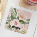 Porta-copo De Papel Quadrado Flores e Nome de Aquarela Rosa Modernos Pastel<br><div class="desc">Flores e Nome de Aquarela Rosa Modernos Pastel</div>