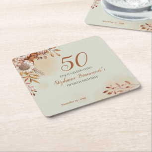 Porta-copo De Papel Quadrado Flores Elegantes de Outono Verdes Aniversário de 5