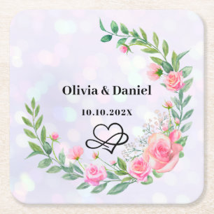 Porta-copo De Papel Quadrado Flores Elegantes Rosa Bege Agradecimento Casamento