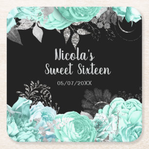 Porta-copo De Papel Quadrado Flores Elegantes Verdes e Prata Sweet Sixteen
