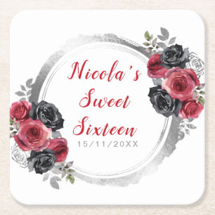Porta-copo De Papel Quadrado Flores Elegantes Vermelhas e Prateadas Sweet Sixte