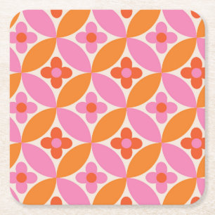 Porta-copo De Papel Quadrado Flores em círculos laranja rosa de meados do sécul
