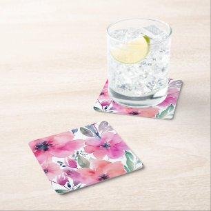 Porta-copo De Papel Quadrado Flores em Flor   Flores Cor-de-Rosa Pintadas à Agu
