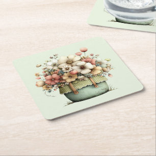 Porta-copo De Papel Quadrado Flores em Vasos Aconchegante Estilo Rústico Fofo